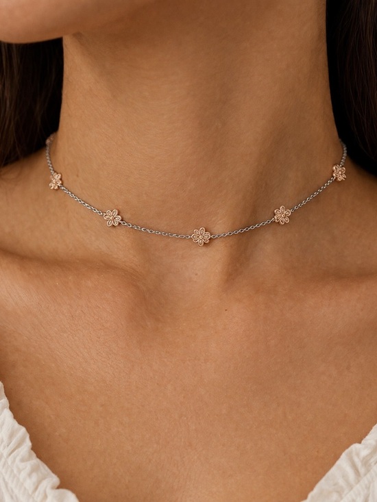 Jewelry - Dainty Silver Tone Floral Charm Choker Necklace – Minimal Layering Piece